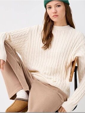 twik Cream Cable Knit Crewneck Sweater